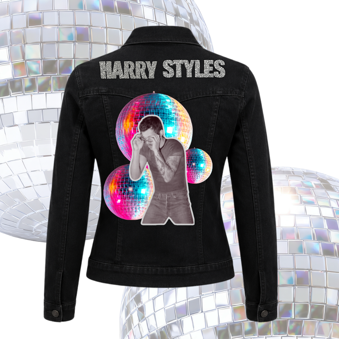 Chamarra Harry Styles “Disco Kiss” Negra Personalizada | Glitter & Disco Edition