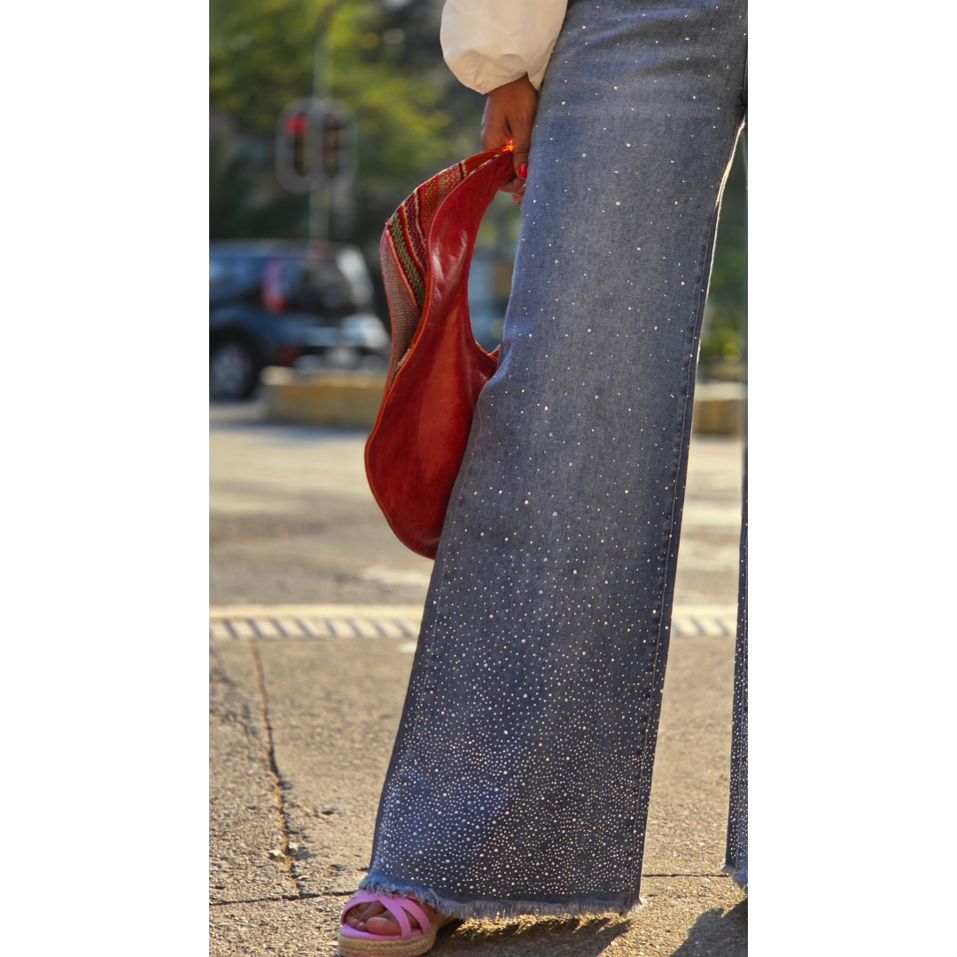 Jeans Extra Wide Leg con Pedrería