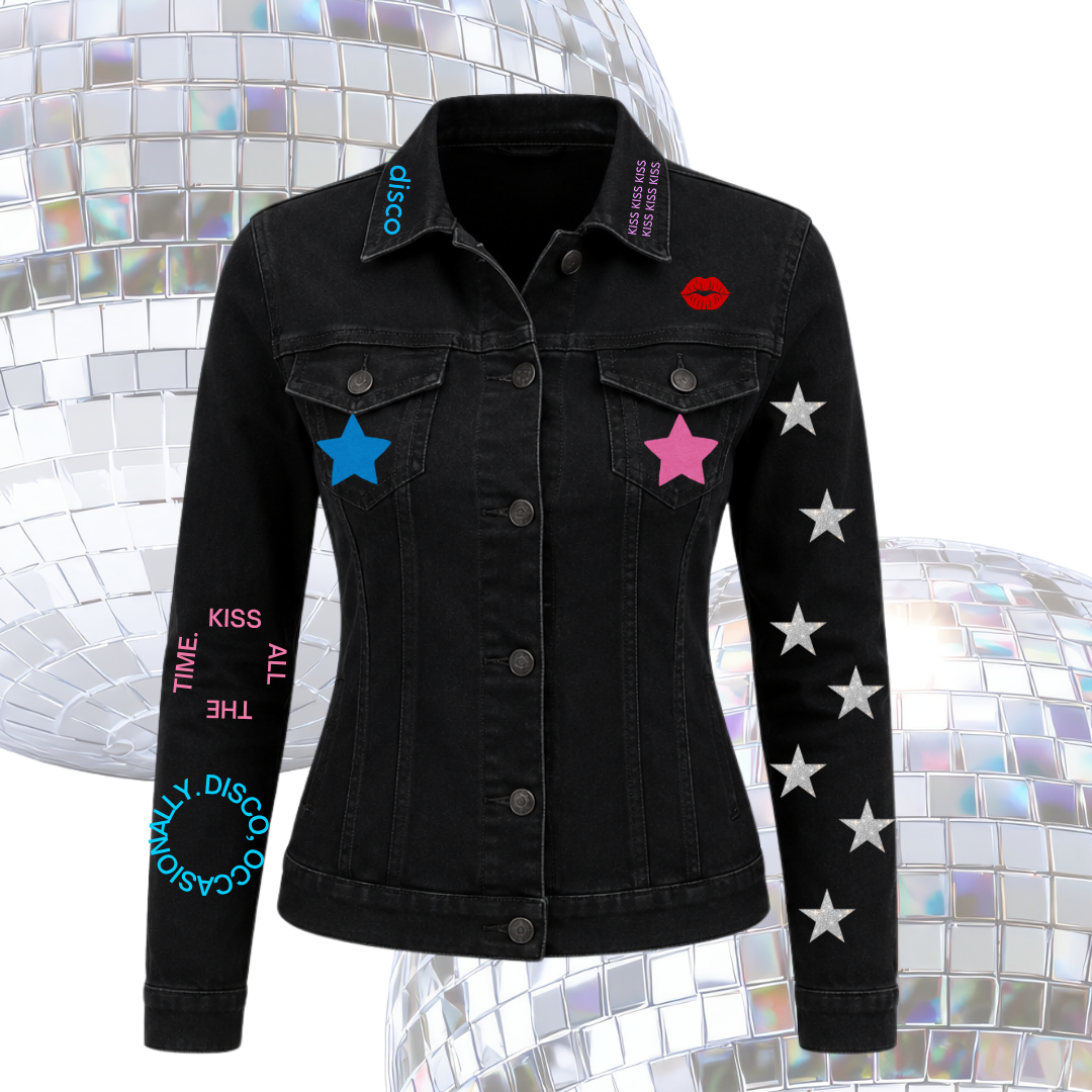 Chamarra Harry Styles “Disco Kiss” Negra Personalizada | Glitter & Disco Edition