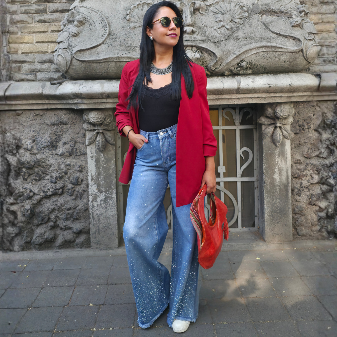 Jeans Extra Wide Leg con Pedrería