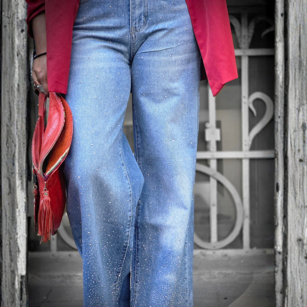 Jeans Extra Wide Leg con Pedrería