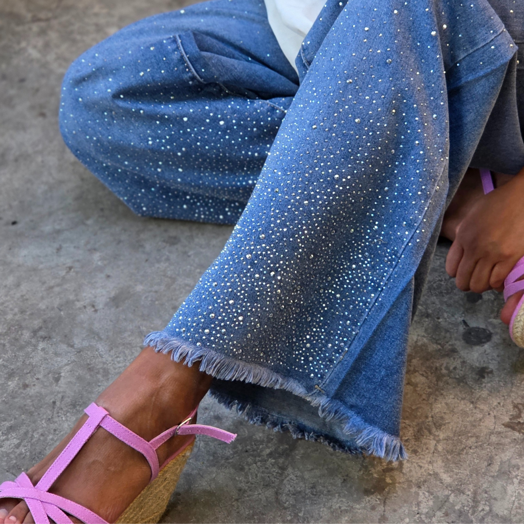 Jeans Extra Wide Leg con Pedrería