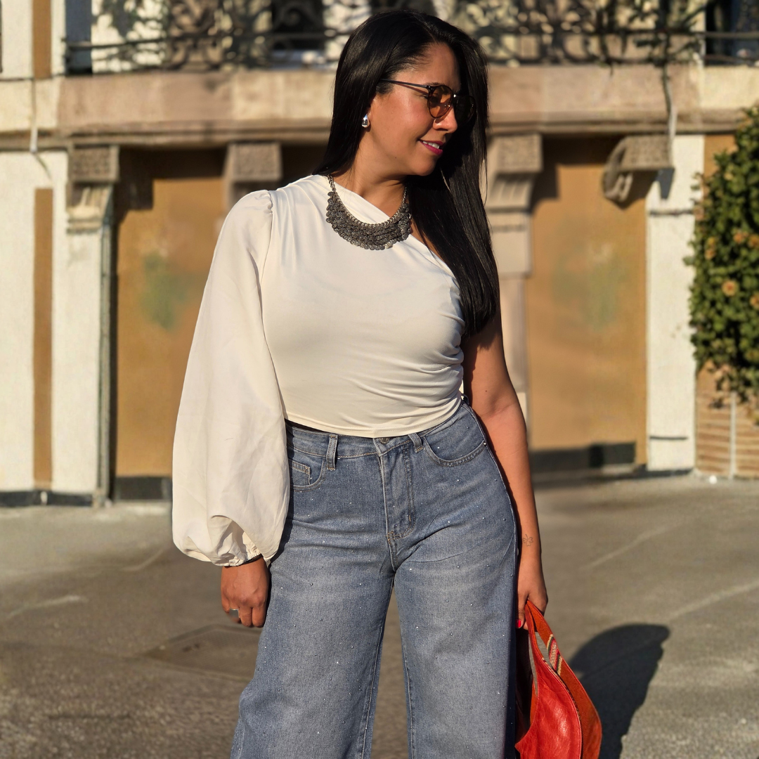 Jeans Extra Wide Leg con Pedrería