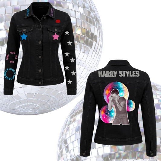 Chamarra Harry Styles “Disco Kiss” Negra Personalizada | Glitter & Disco Edition